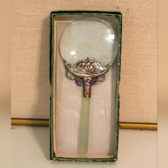 Asian Chinese 1920s Vintage MAGNIFYING GLASS Sterling Silver & Green Jade - Picture 1 of 9